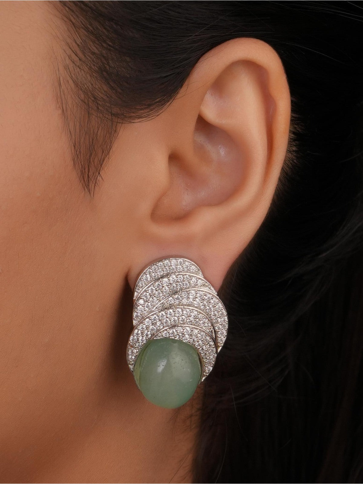 Siya Luxe | Scalloped Cubic Zirconia Pave Mint Green Stud Earrings - Fashion Earrings for Women