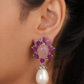 Siya Luxe |Fuchsia Pink Floral Cluster Pearl Drop Earrings - Fashion Earrings for Women