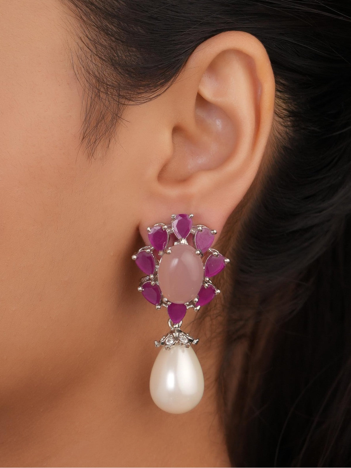 Siya Luxe |Fuchsia Pink Floral Cluster Pearl Drop Earrings - Fashion Earrings for Women