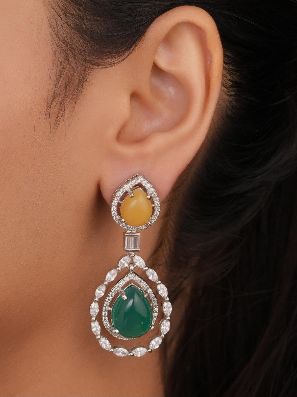 Siya Orra|Pear-Cut Two-Tone Teardrop Halo Earrings - Fashion Earrings for Women