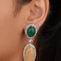 Siya Orra |Two-Tone Oval Cabochon Halo Drop Earrings - Fashion Earrings for Women