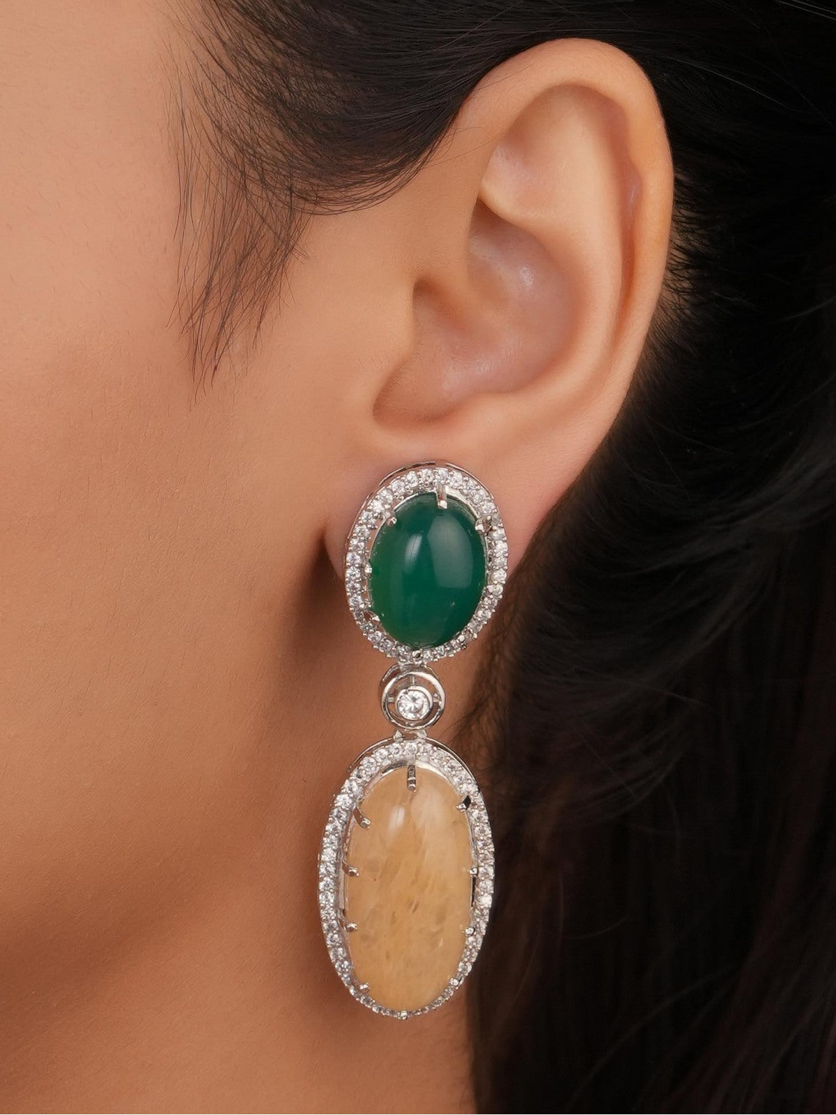 Siya Orra |Two-Tone Oval Cabochon Halo Drop Earrings - Fashion Earrings for Women