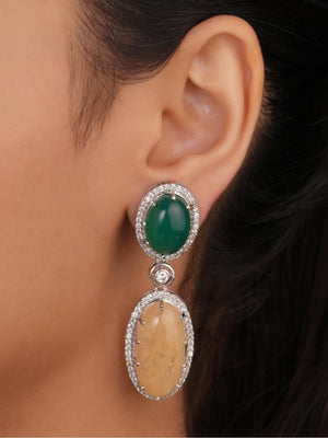 Siya Orra |Two-Tone Oval Cabochon Halo Drop Earrings - Fashion Earrings for Women