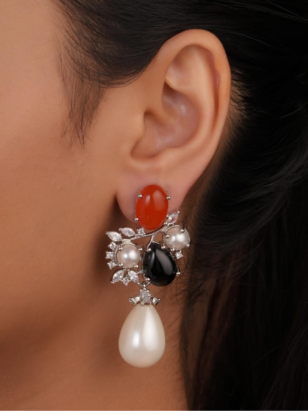 Siya Luxe | Multi-Gemstone Cluster Pearl Drop Earrings - Fashion Earrings for Women