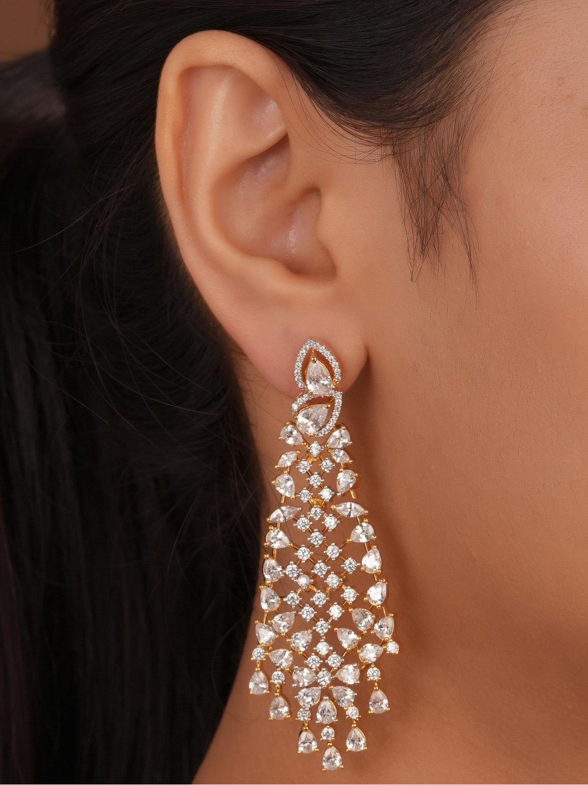 Siya Luxe | Ornate Gold-Plated CZ Chandelier Earrings - Fashion Earrings for Women
