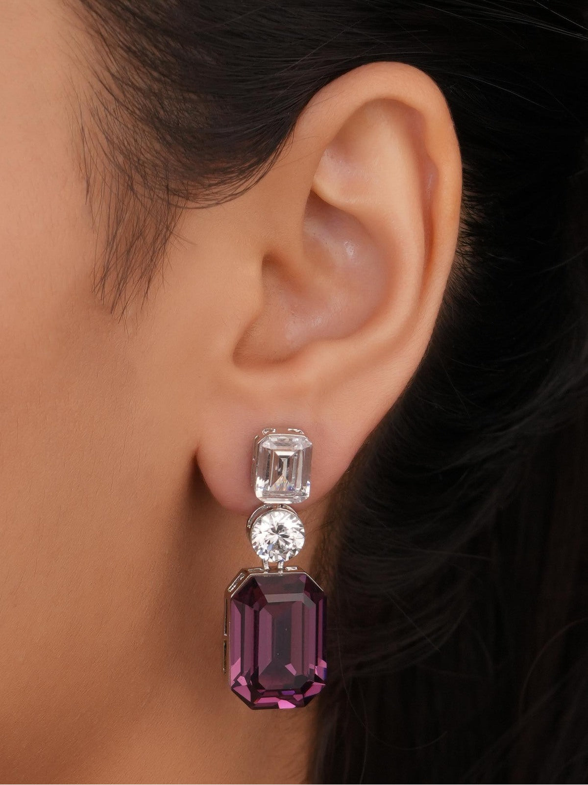 Siya Luxe |Triple-Tier Emerald-Cut Crystal Drop Earrings - Fashion Earrings for Women
