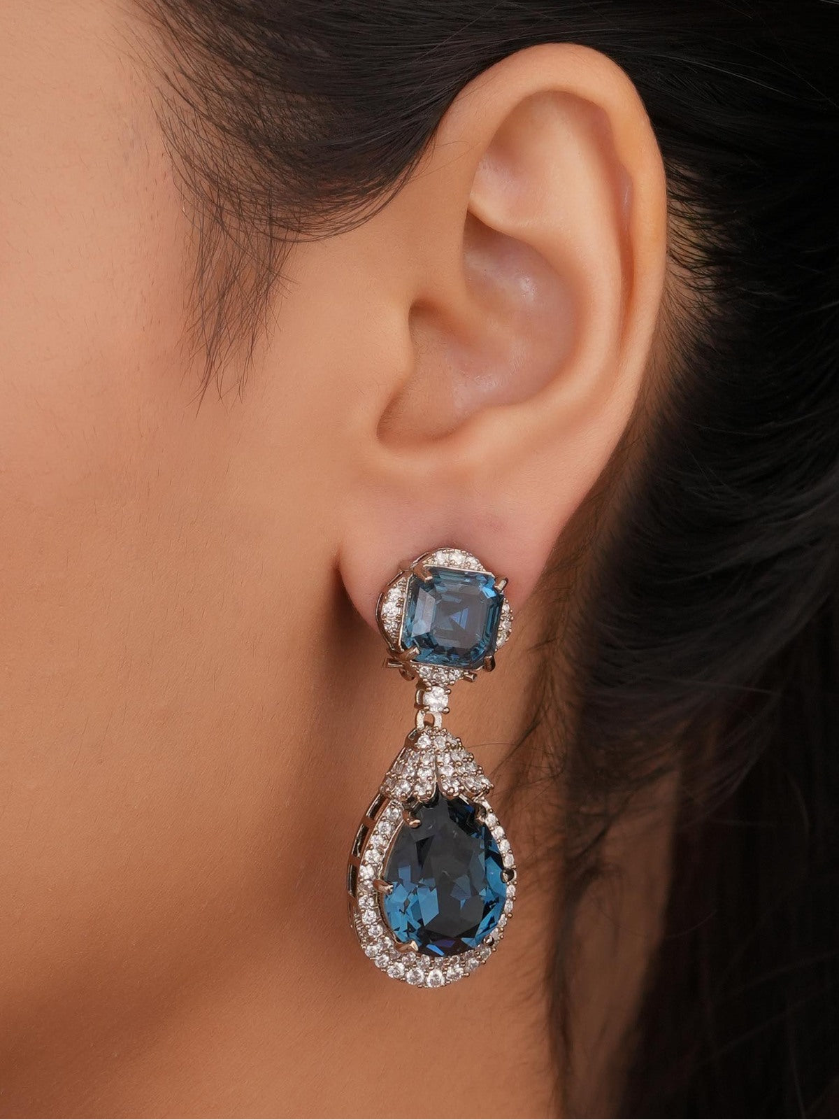 Siya Luxe |Deep Blue Teardrop Halo Dangle Earrings - Fashion Earrings for Women