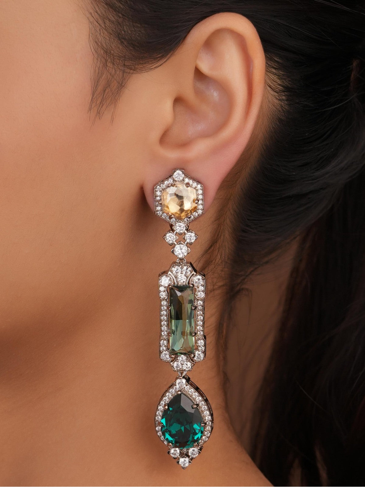 Siya Luce | Multicolor Geometric Crystal Three-Tier Drop Earrings - Fashion Earrings for Women