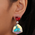 Siya Luxe | Red Trillion Cut and Aurora Borealis Crystal Drop Earrings - Fashion Earrings for Women