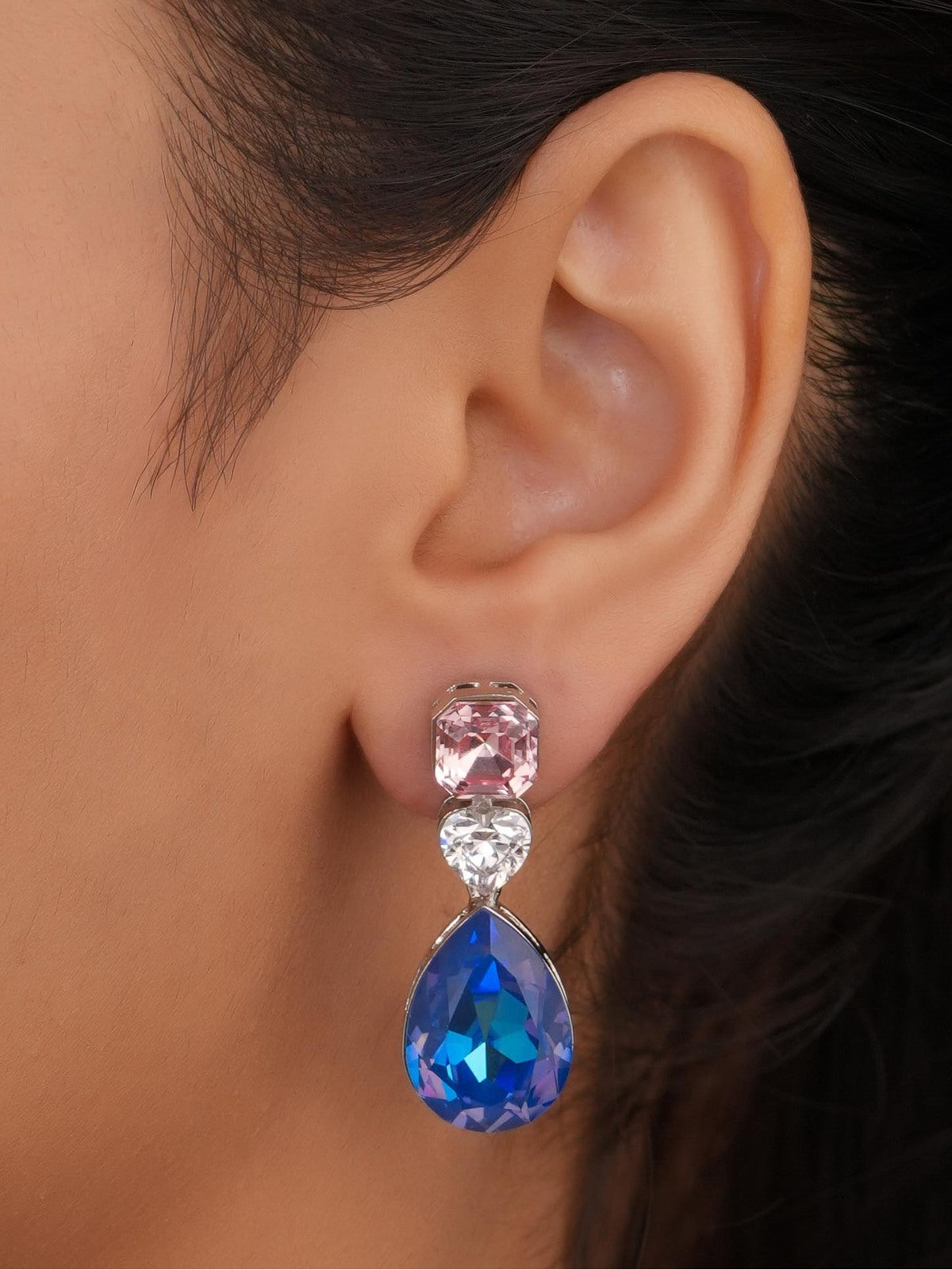 Siya Luxe | Pink Cushion Cut and Royal Blue Teardrop Crystal Earrings - Fashion Earrings for Women