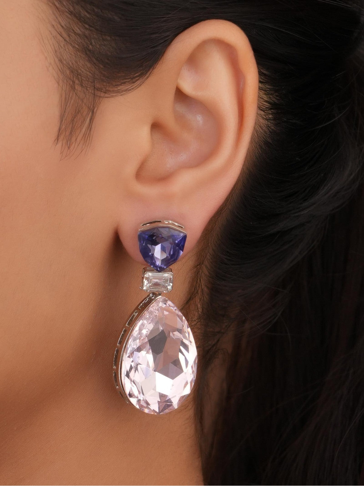 Siya Luxe |Tanzanite Blue and Light Pink Crystal Statement Drop Earrings - Fashion Earrings for Women