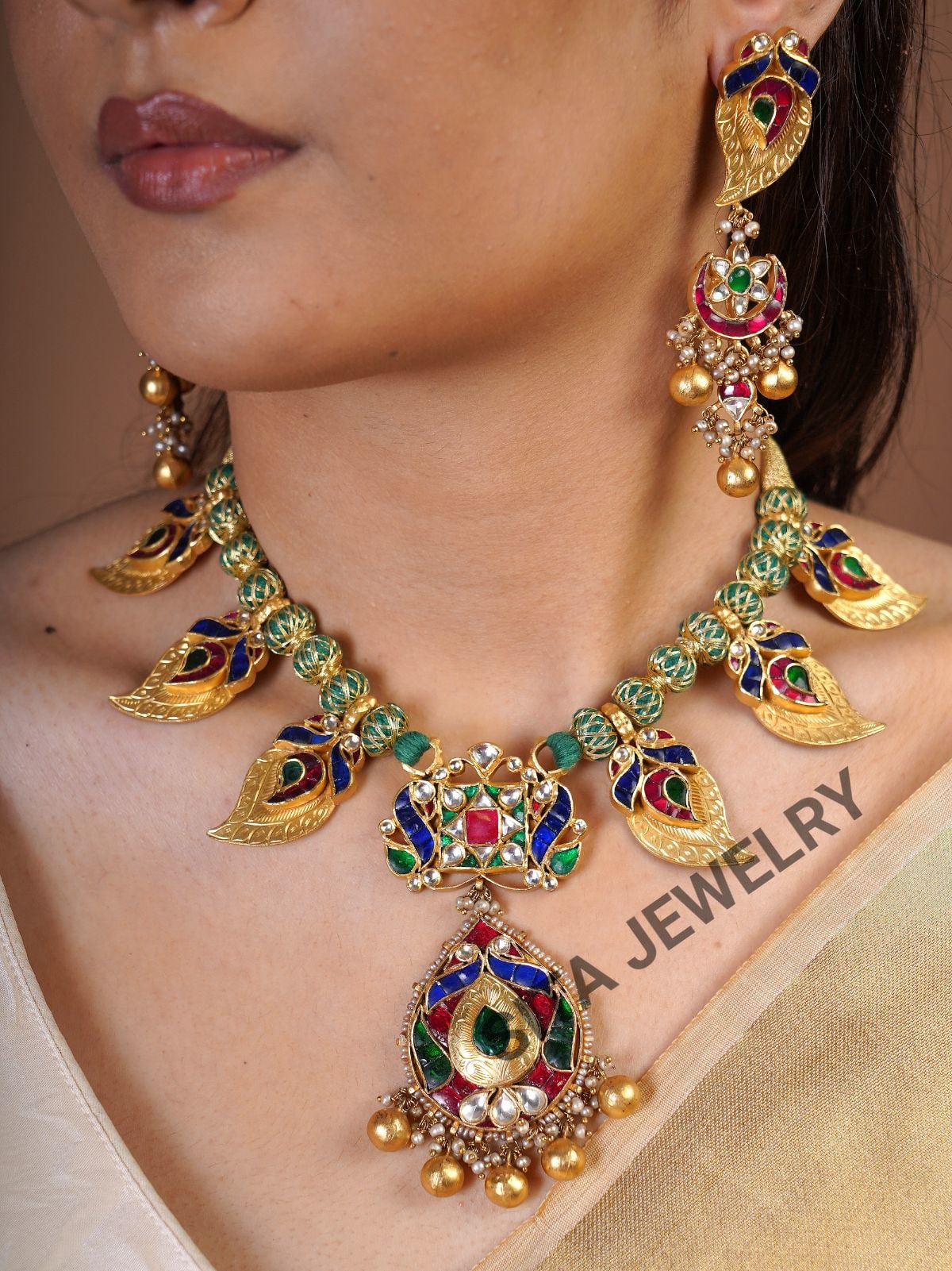 Samraagni-silver Jadau Peacock Necklace Set
