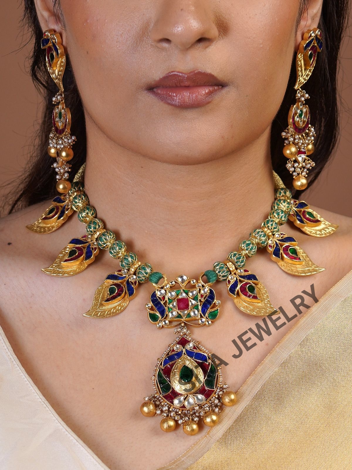 Samraagni-silver Jadau Peacock Necklace Set
