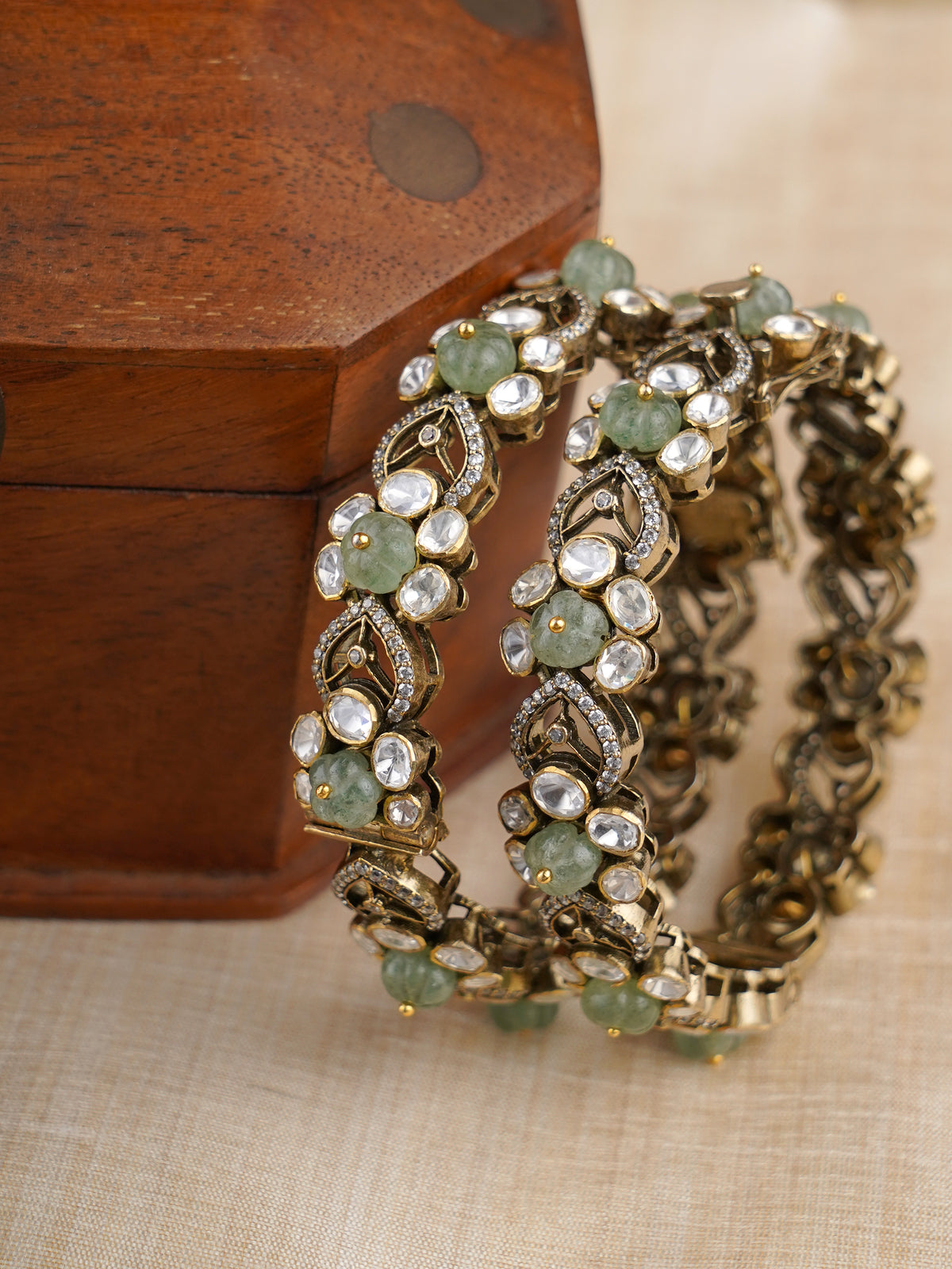 Sitaratna green bead and white moissanite leaf motif bangle pair in 925 sterling silver