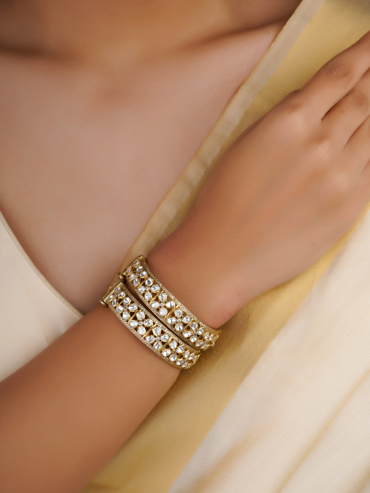 Sitaratna white moissanite floral cluster bangle pair handcrafted in 925 sterling silver