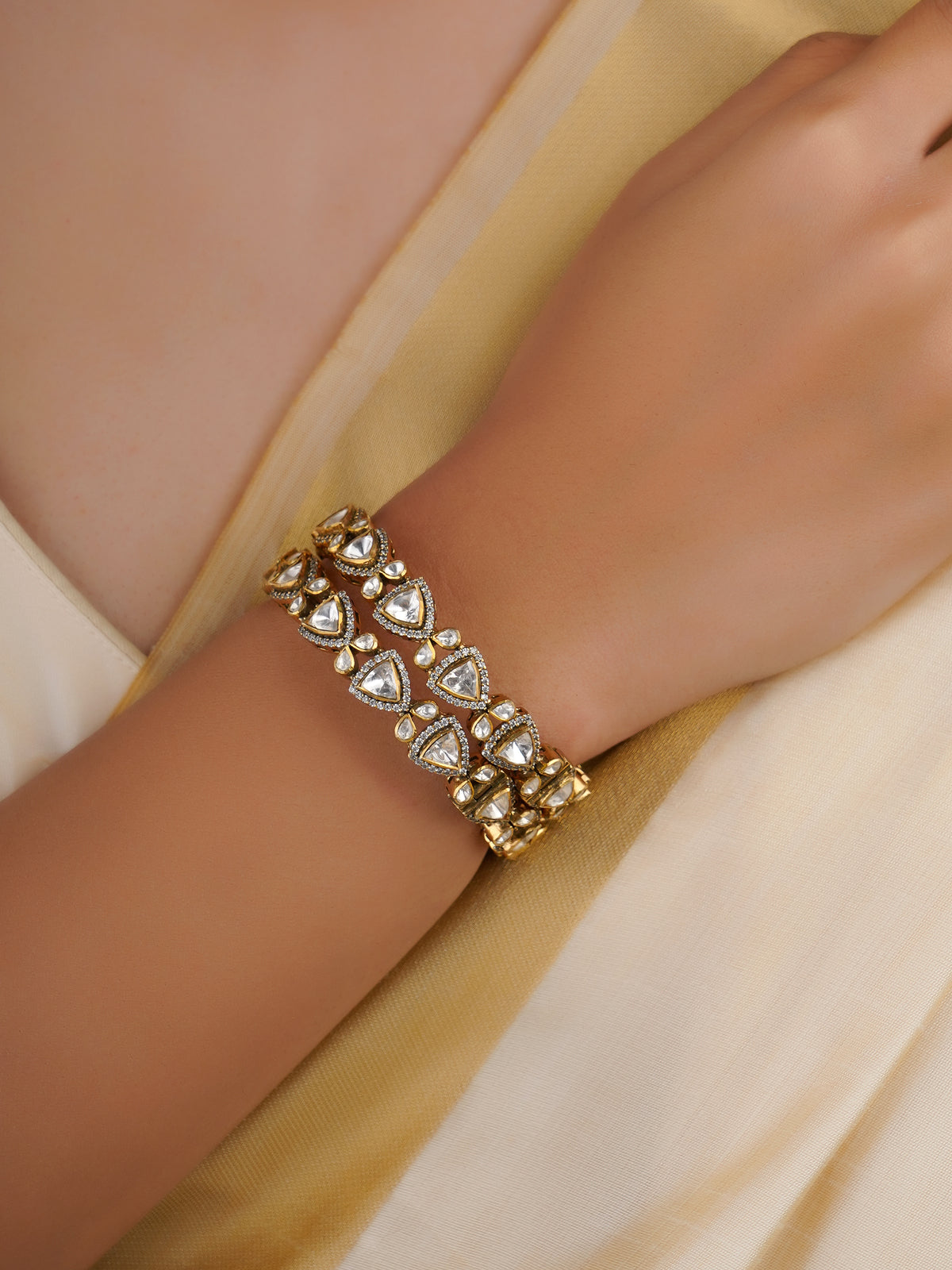 Sitaratna trillion white moissanite halo bangle pair handcrafted in 925 sterling silver