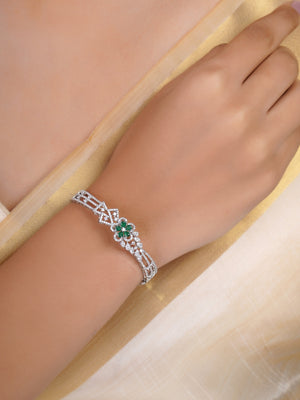 Sitamani Emerald floral AD silver bracelet with green centre flower and sparkling open-work band by Sita Jewellery