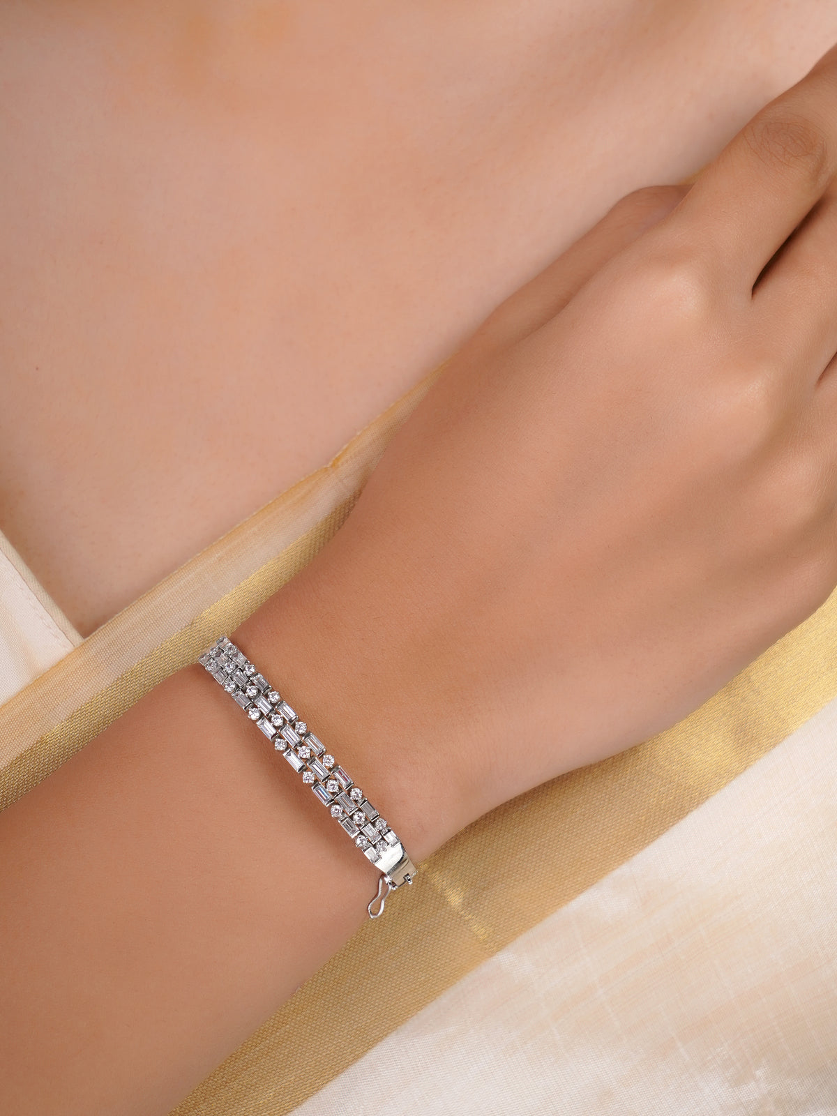 SITAMANI baguette grid AD/CZ bracelet in silver tone with rectangular and round clear stones by SITA JEWELRY