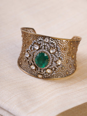Samragni green kundan filigree statement cuff styled on the wrist