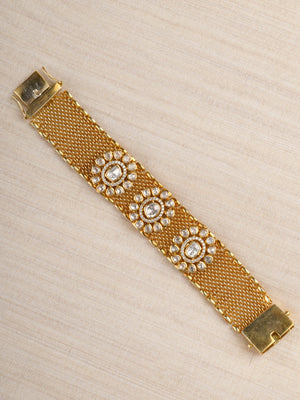 Sitaratna gold-plated triple floral moissanite mesh bracelet styled on wrist