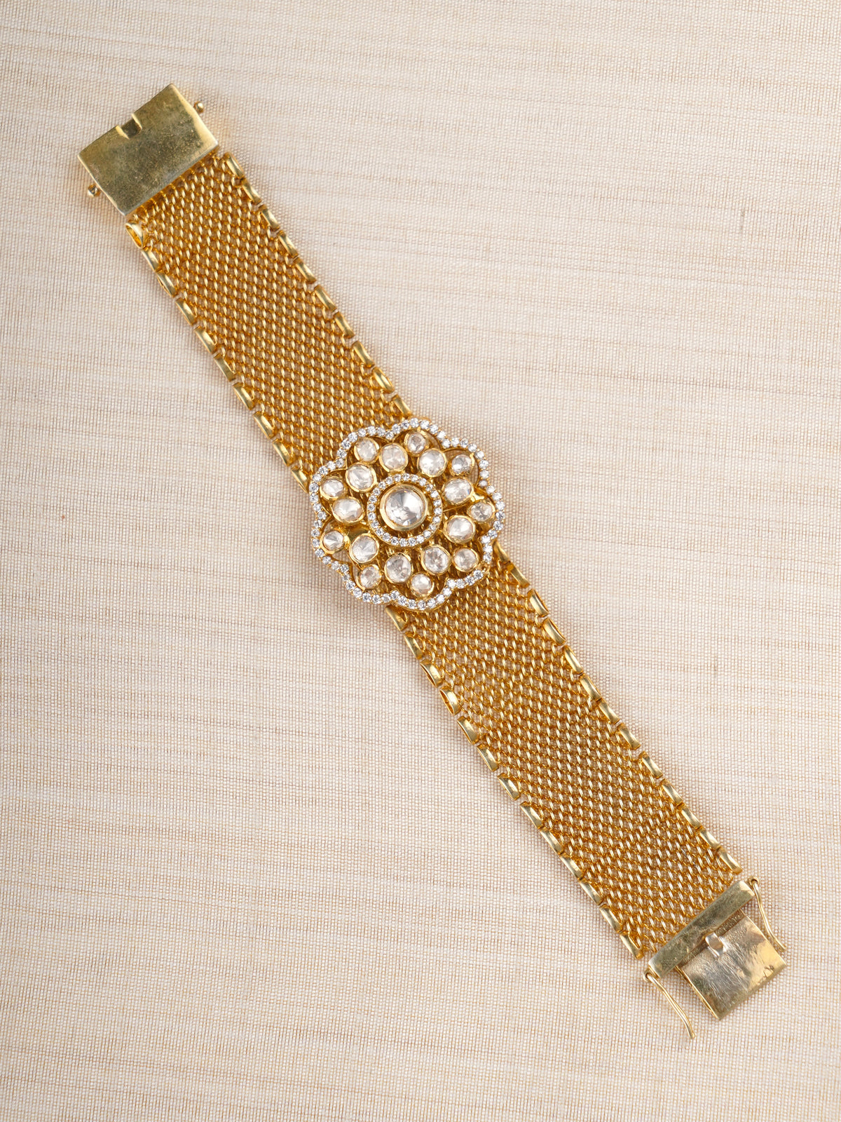 Sitaratna floral moissanite mesh bracelet styled on wrist