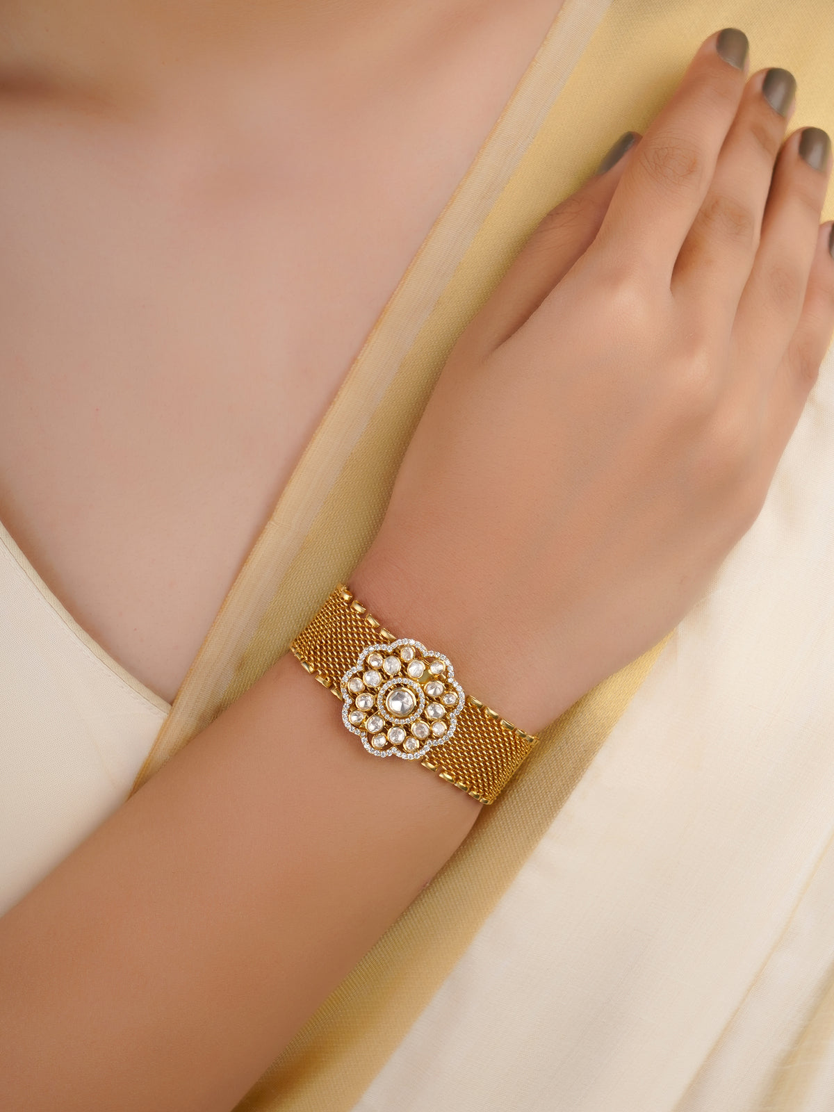 Sitaratna floral moissanite mesh statement bracelet handcrafted in 925 sterling silver