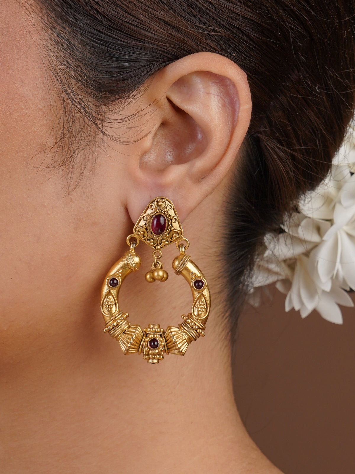 Sitamohur antique gold ruby crescent fusion statement earring styled on the ear