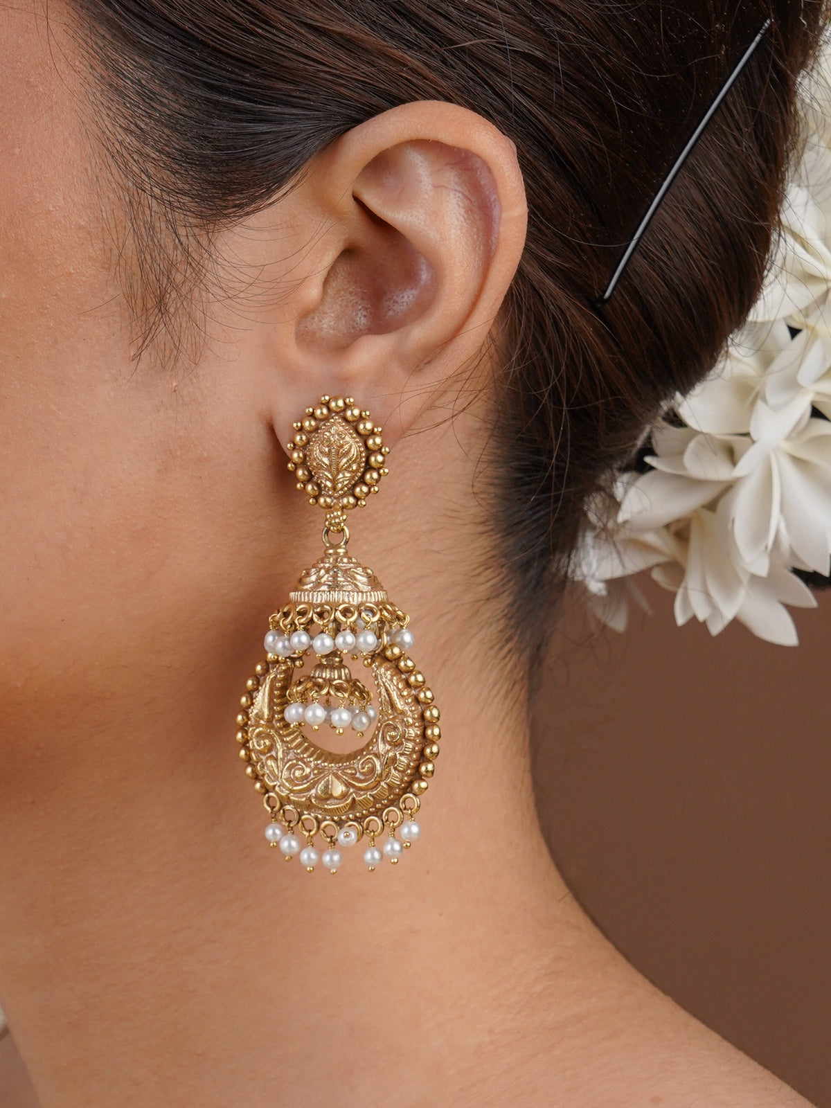Sitamahor antique gold pearl chandbali jhumka fusion earring styled on the ear