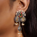 Sitamahor turquoise peacock mixed-metal fusion statement earring styled on the ear
