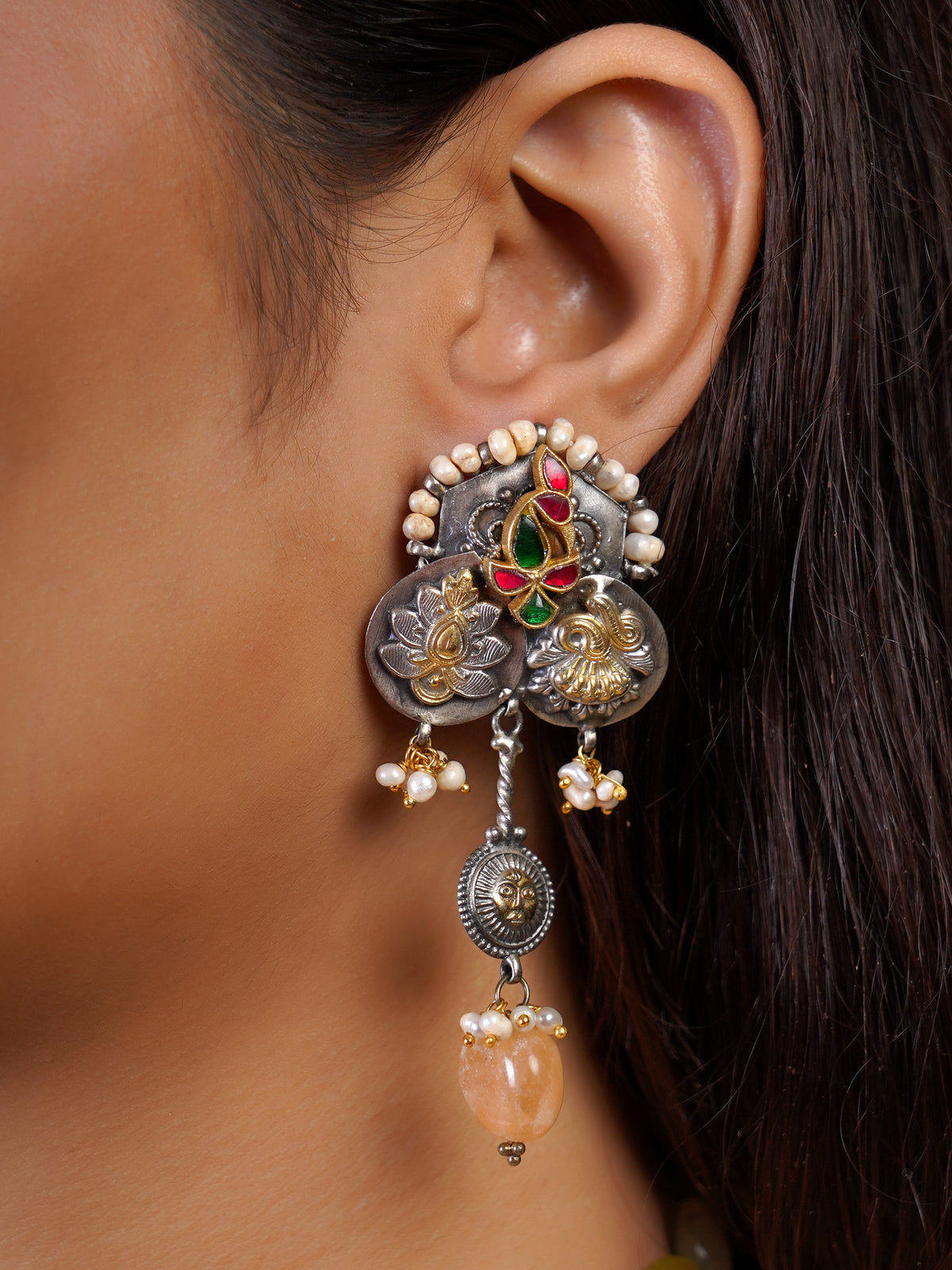 Sitamahor turquoise peacock mixed-metal fusion statement earring styled on the ear