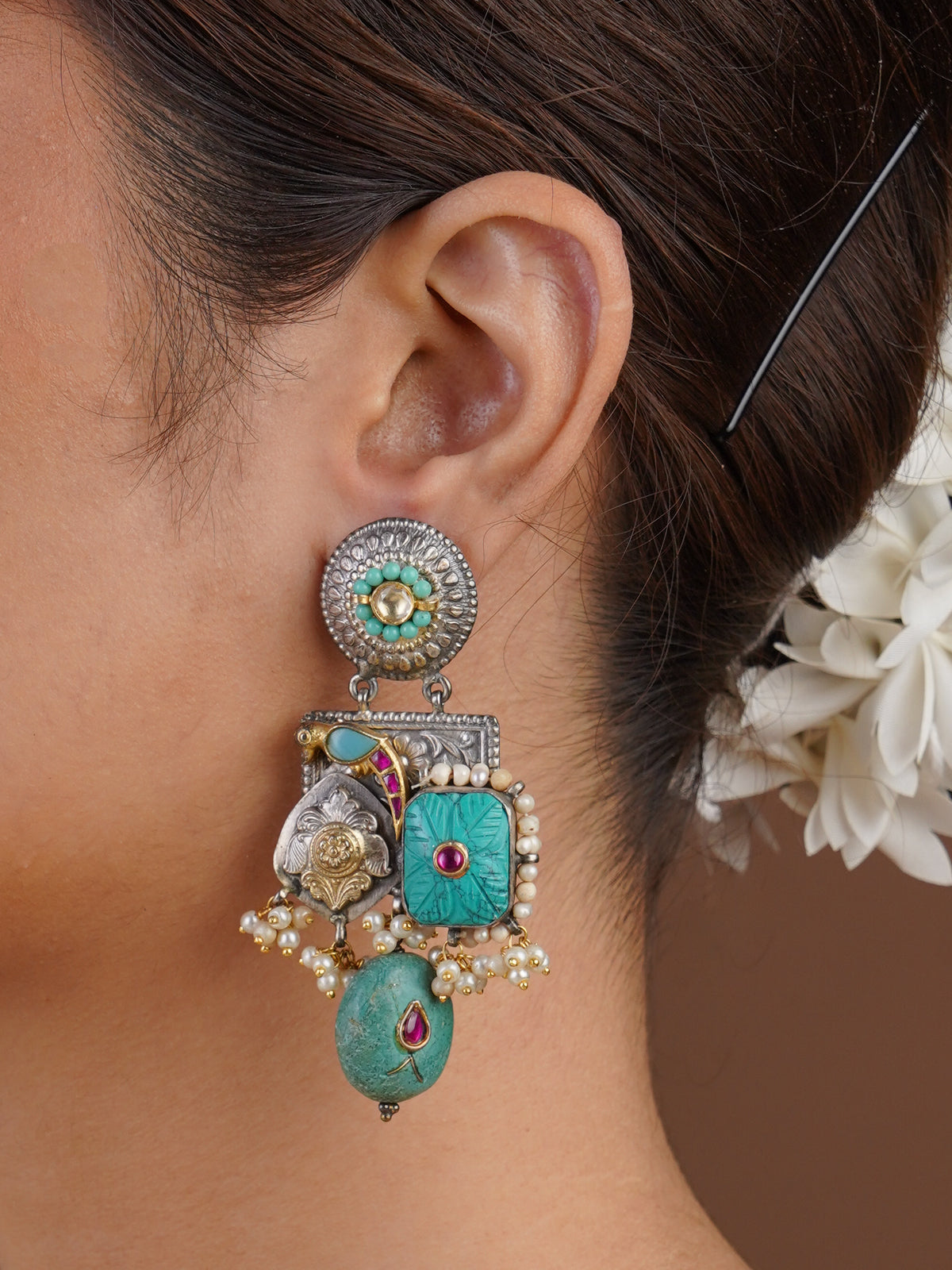 Sitamahor green stone animal hoop fusion statement earring styled on the ear