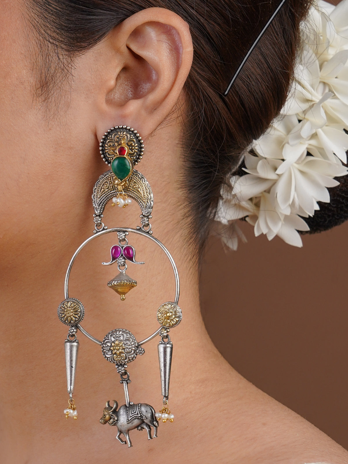 Sitamohur lotus sun medallion fusion drop earring with mixed-metal detailing styled on the ear