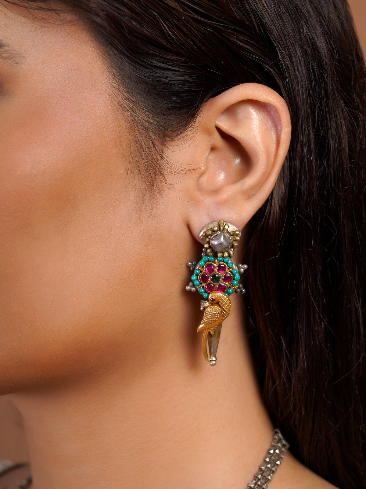 Sitamohur turquoise ruby bird motif fusion drop earring with mixed silver and gold-tone detailing