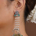 Sitamahor peacock pearl chain chandelier fusion earring with turquoise green beads and mixed-metal charms