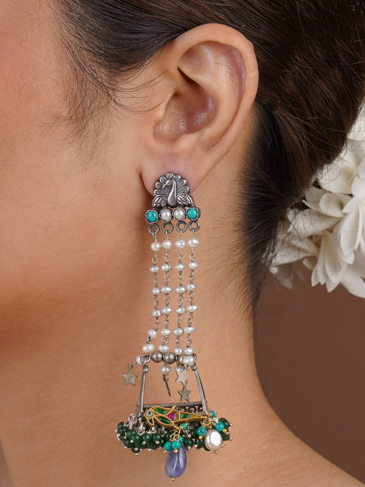 Sitamahor peacock pearl chain chandelier fusion earring with turquoise green beads and mixed-metal charms