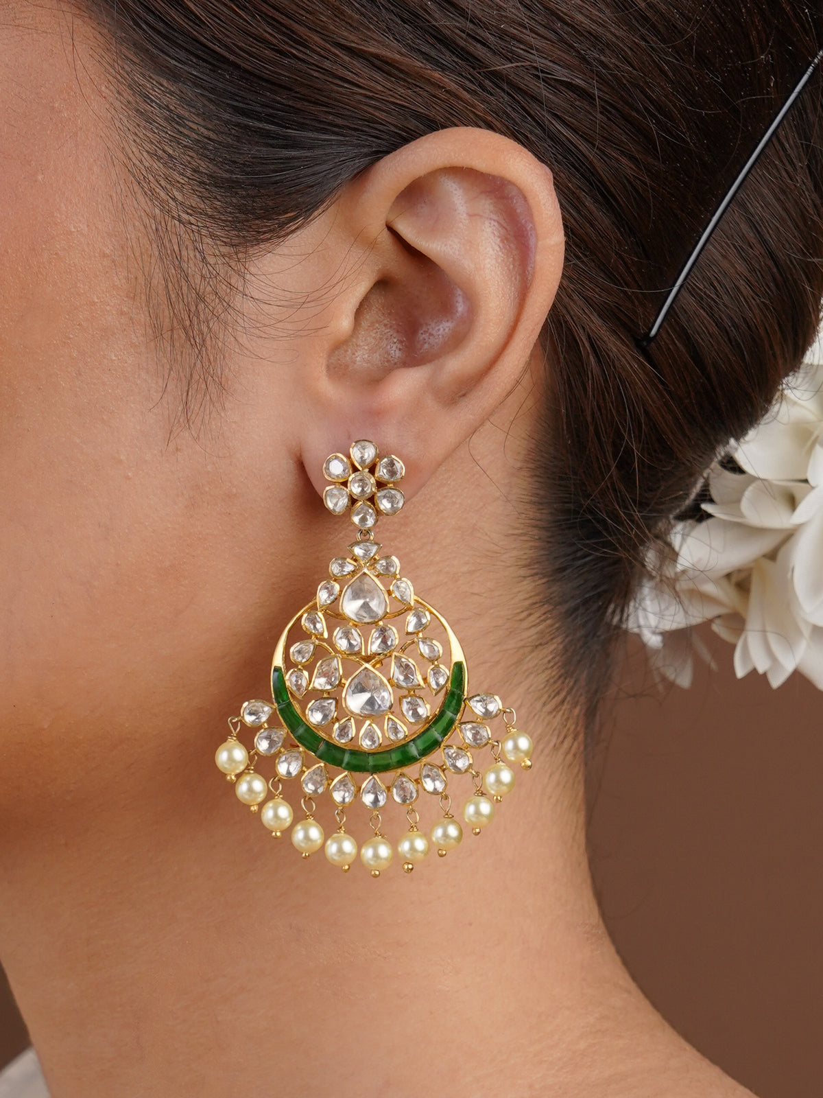 Samragni green meena kundan pearl chandbali earring with white stones and gold-tone setting