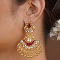 Samragni ruby red kundan crescent statement earring with white stones and gold-tone bead fringe