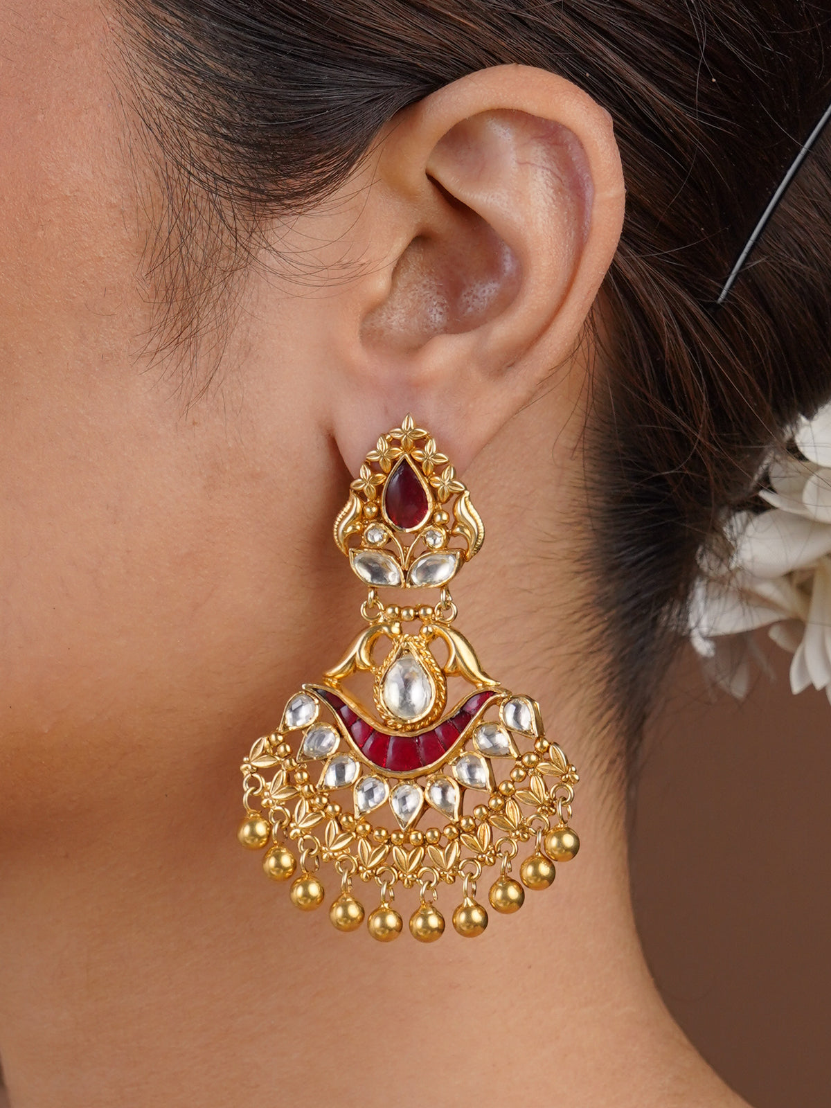 Samragni ruby red kundan crescent statement earring with white stones and gold-tone bead fringe