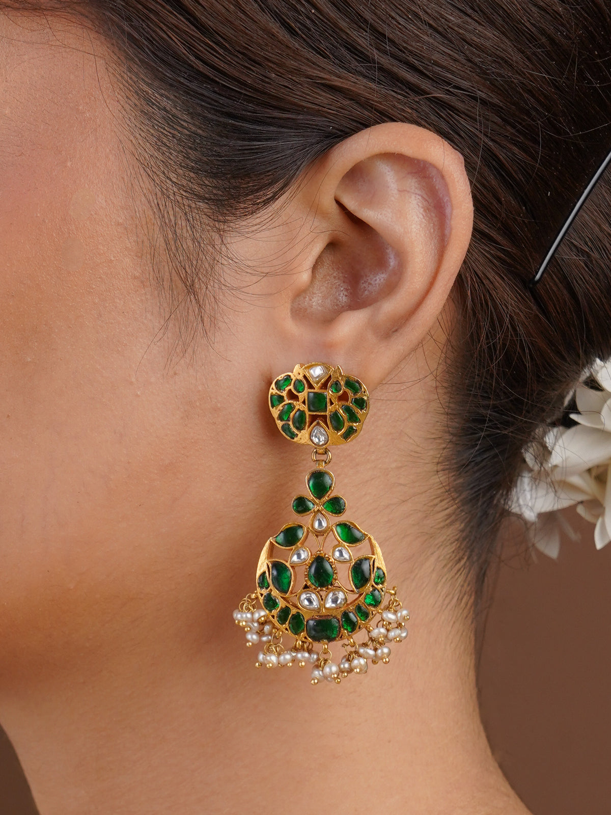 Samragni emerald green kundan pearl chandbali earring with white stones and gold-tone detailing