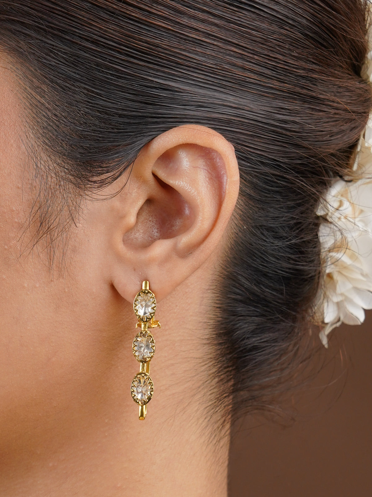 SITA RATNA three-stone linear moissanite earrings handcrafted in 925 sterling silver with antique gold polish