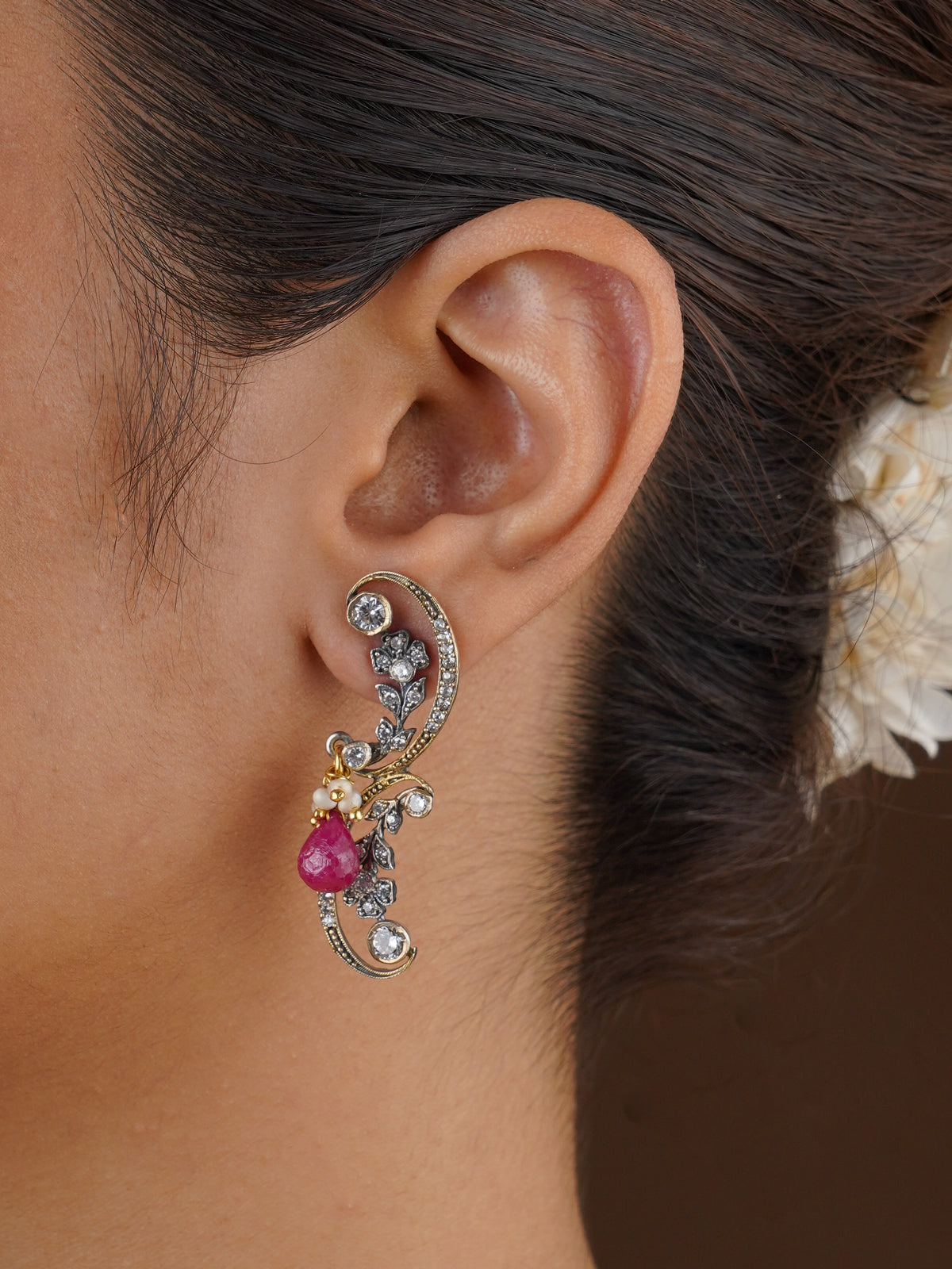 SITA RATNA ruby floral vine moissanite earrings in handcrafted 925 sterling silver with antique gold polish