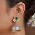Sitaratna emerald green halo moissanite two-tone jhumka earring with silver dome and gold accents