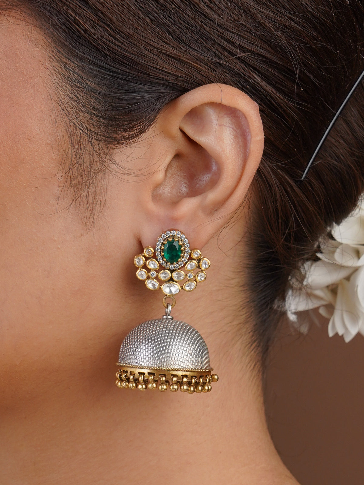 Sitaratna emerald green halo moissanite two-tone jhumka earring with silver dome and gold accents