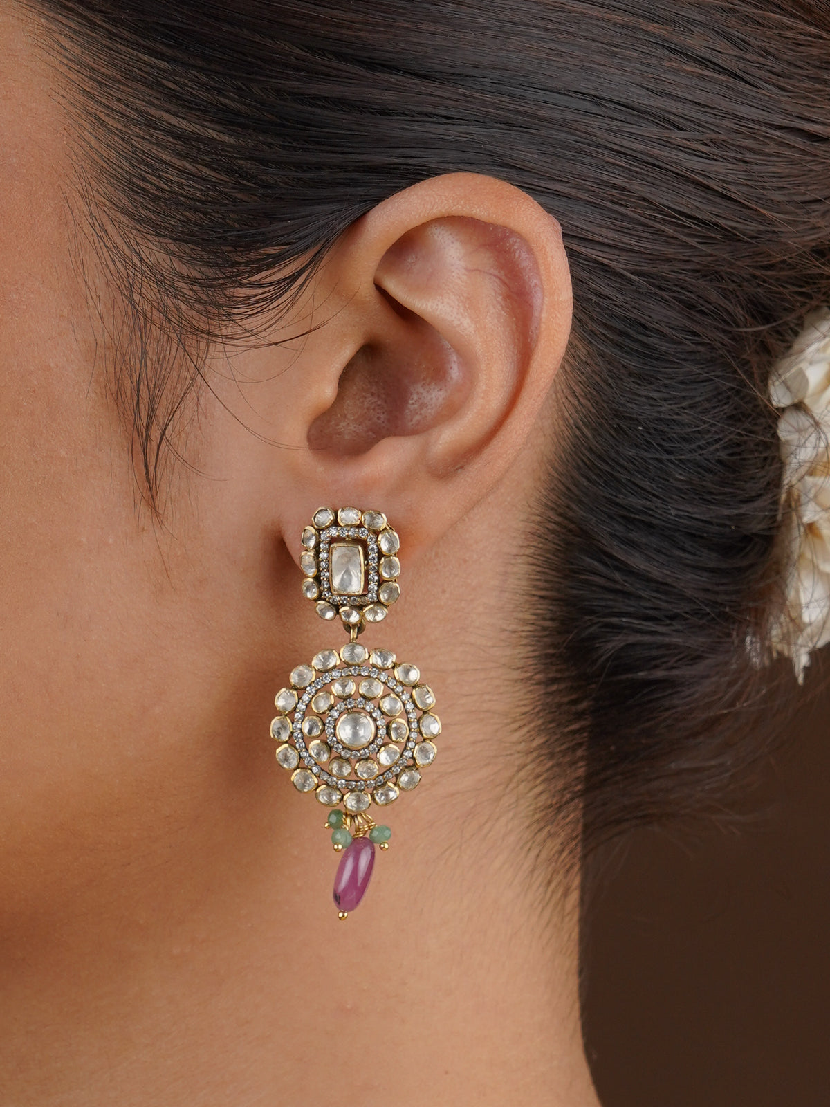 SITA RATNA round halo ruby drop moissanite earrings handcrafted in 925 sterling silver