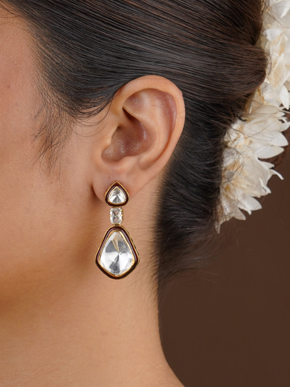 SITA RATNA triple teardrop moissanite earrings handcrafted in 925 sterling silver with antique gold polish