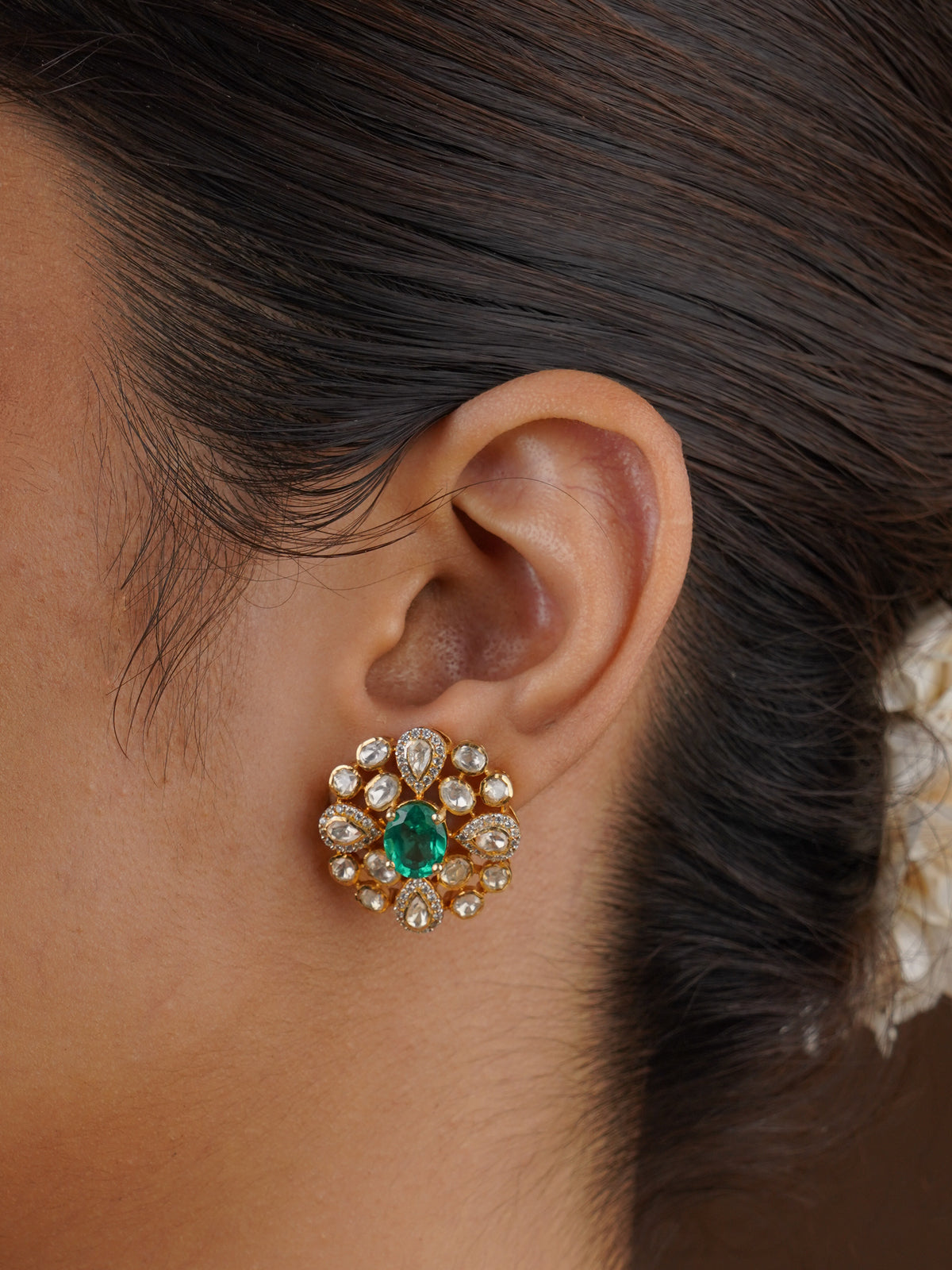 SITA RATNA emerald floral moissanite stud earrings handcrafted in 925 sterling silver