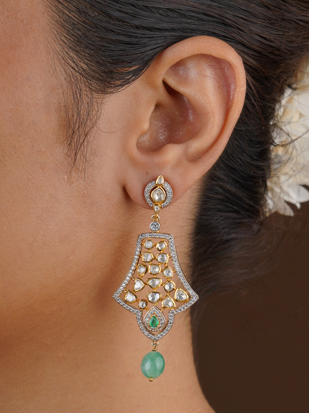 SITA RATNA green fan drop moissanite earrings handcrafted in 925 sterling silver