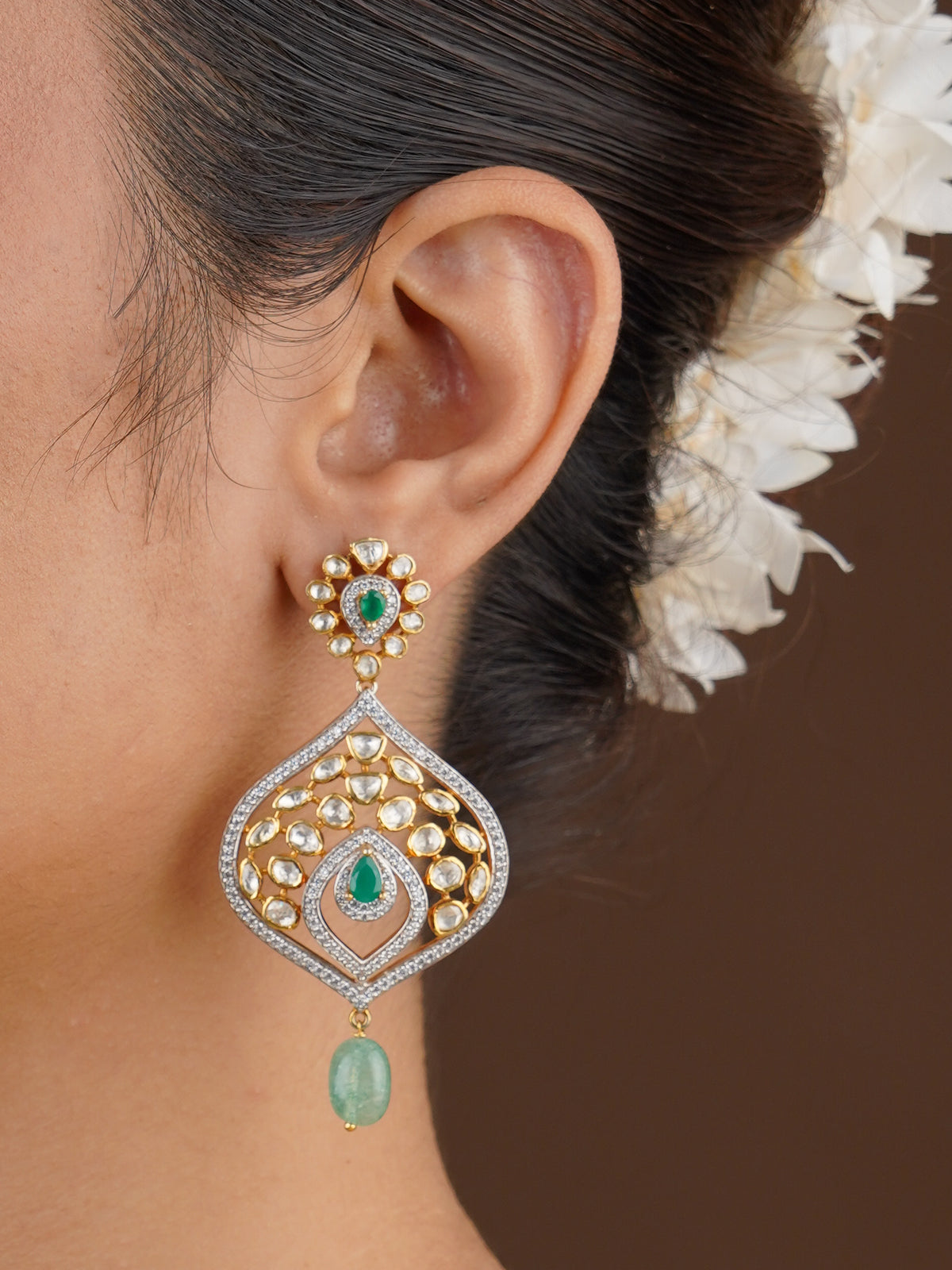 SITA RATNA green teardrop halo moissanite earrings handcrafted in 925 sterling silver