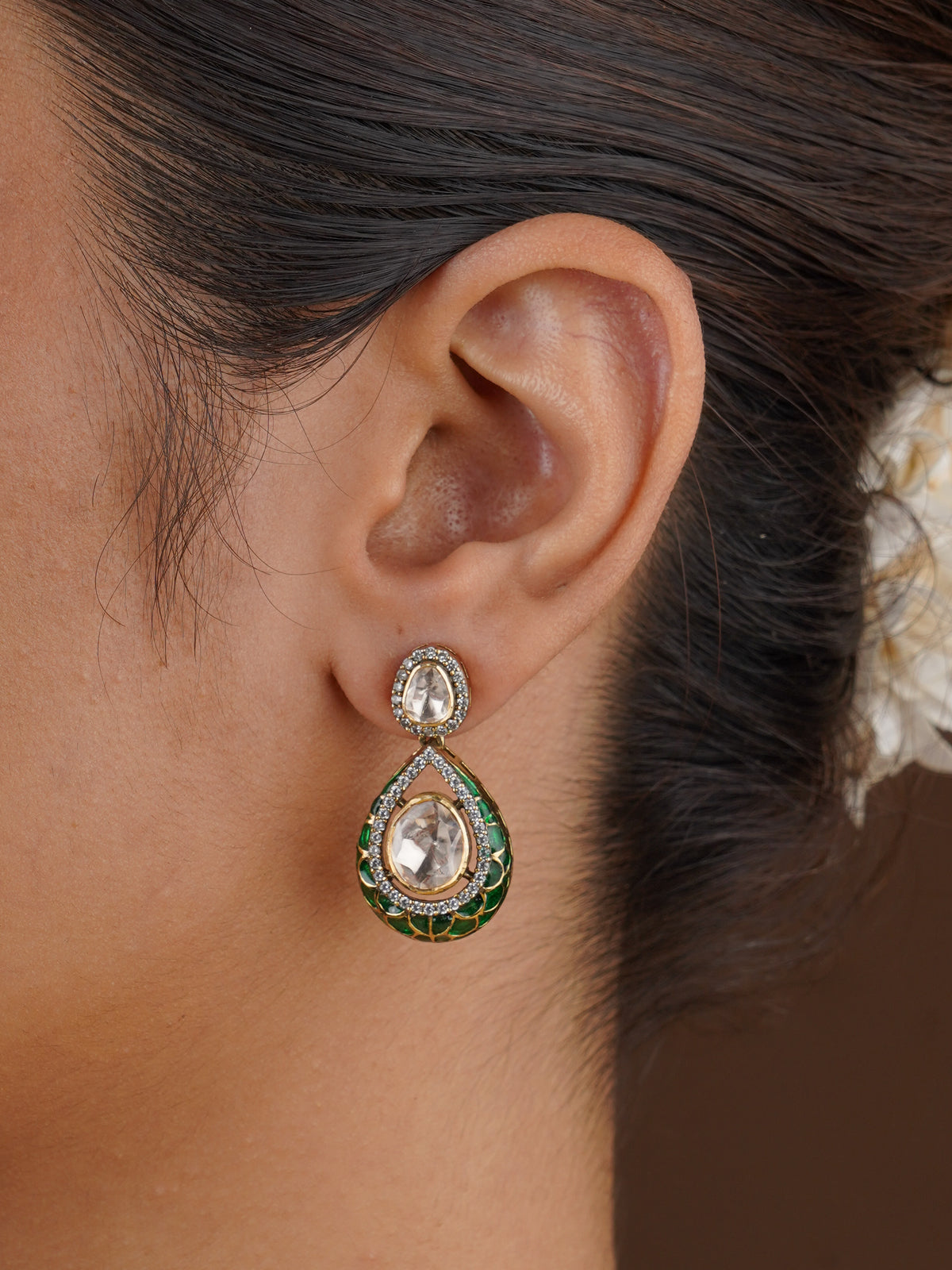 SITA RATNA green enamel teardrop moissanite earrings handcrafted in 925 sterling silver