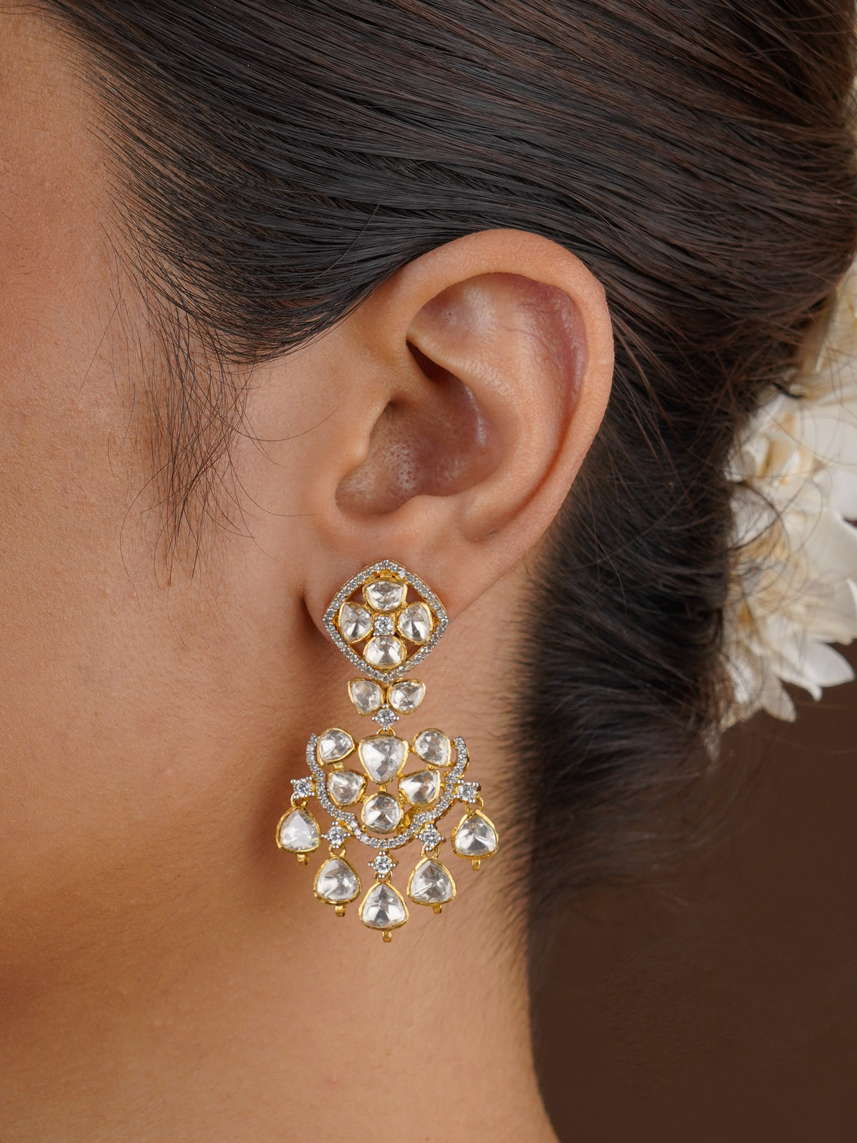 SITA RATNA white chandelier moissanite earrings handcrafted in 925 sterling silver with antique gold polish
